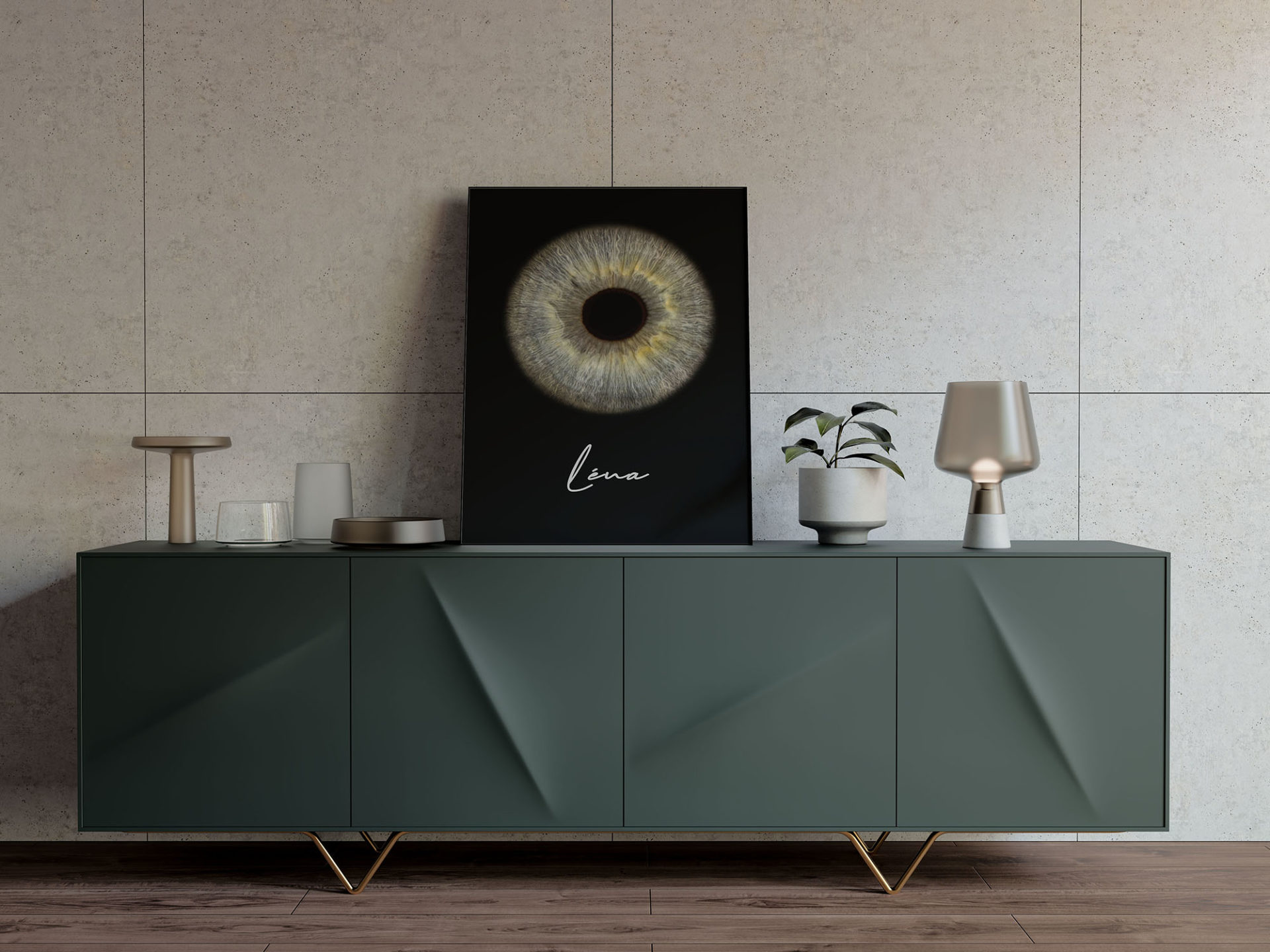 un cadre sombre avec une iris bleu sur un meuble de salon design